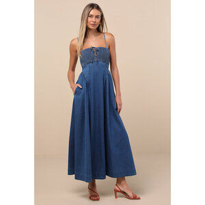 Lulus Laylie Medium Wash Denim Lace-up Midi Dress Blue - Size XS